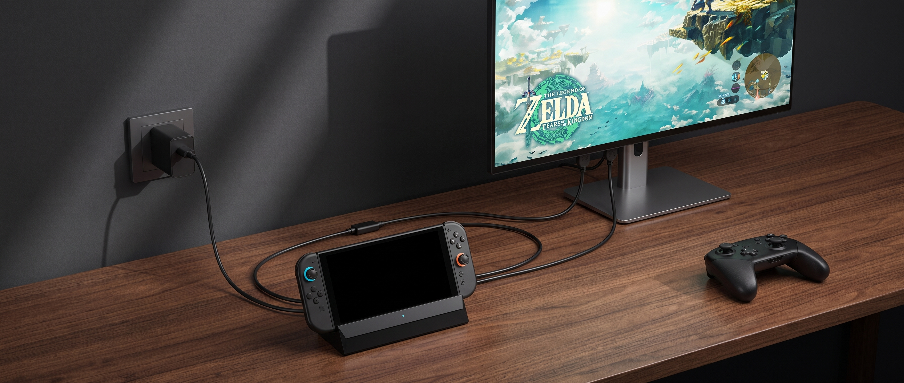 45°斜俯视角电商产品渲染图，Switch2游戏机插在黑色扩展… - 图片创意预览