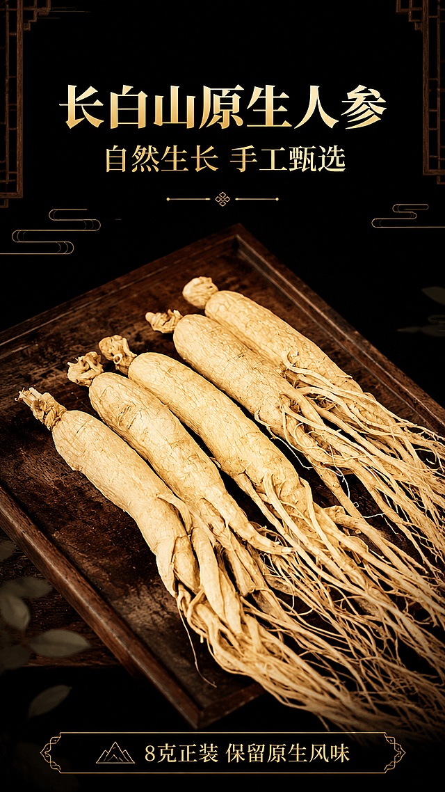 [第1屏] 淘宝天猫详情页头图，长白山人参产品宣传海报，本屏使用【图1】作为人参商品主体
[氛围/风格] 高端中式滋补养生风格，商业摄影质感，沉稳大气
[元素布局] 人参主体放置在画面中下部，占比约65%-70%；保留人参原有的自然纹理、须根完整结构与米黄色外观；上部预留主标题区域，背景为纯黑色，四周点缀简约中式木纹装饰元素
[光影质感] 顶部侧柔光打亮人参主体，底部自然投影，人参纹理清晰可见，明暗层次分明
[配色色系] 全局纯黑色背景；主色米黄色人参；辅助色金色标题文字
[视角构图] 正面俯视构图，人参为绝对视觉中心，阅读动线从上到下
[文字版式] 主标题「长白山原生人参」，副标题「自然生长 手工甄选」，金色大字顶部居中；底部信息条「8克正装 保留原生风味」；所有文字清晰不遮挡人参主体
[比例分辨率] 9:16竖版比例，4K分辨率，高清画质，文字清晰可辨
[负向提示词] 人参变形，缺须错根，颜色偏差，文字错乱，文字过小，产品模糊，背景杂乱