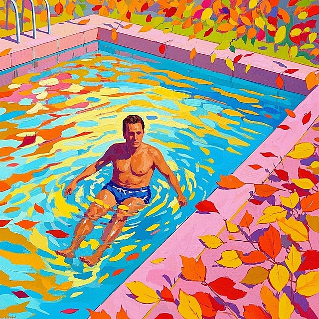 油画风野兽主义插画，色彩斑斓的泳池与秋叶，清新梦幻，人物悠闲。