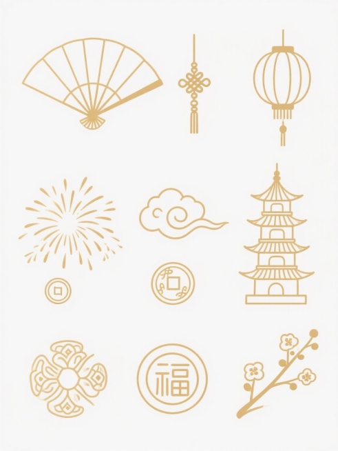 一组中国传统金色线条风格的装饰图案，包含扇形、灯笼、中国结、祥云、烟花、宝塔、古钱币、福字纹和梅花等元素，线条纤细流畅，呈浅金色，图案排列整齐，背景为纯白色，整体呈现简洁典雅的传统中国风设计感。预览效果