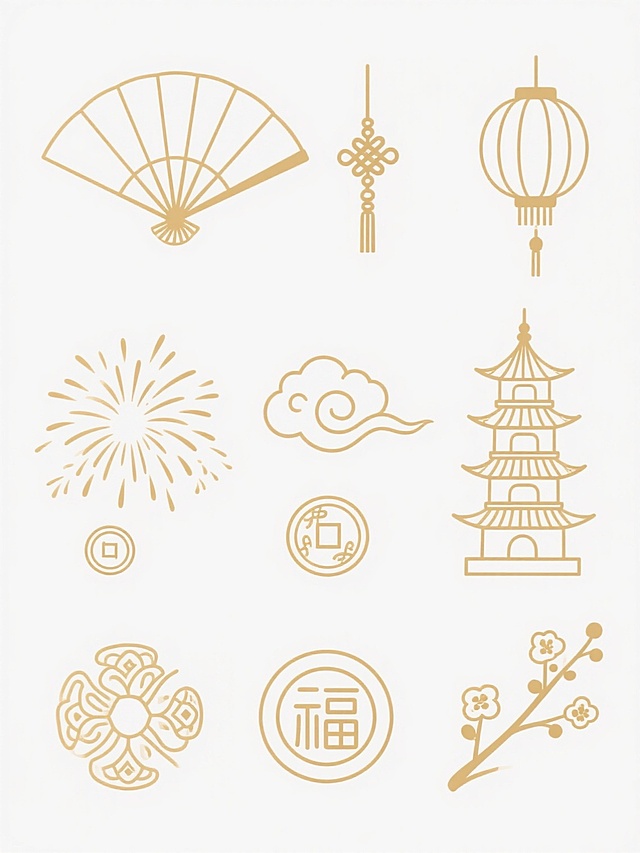 一组中国传统金色线条风格的装饰图案，包含扇形、灯笼、中国结、祥云、烟花、宝塔、古钱币、福字纹和梅花等元素，线条纤细流畅，呈浅金色，图案排列整齐，背景为纯白色，整体呈现简洁典雅的传统中国风设计感。