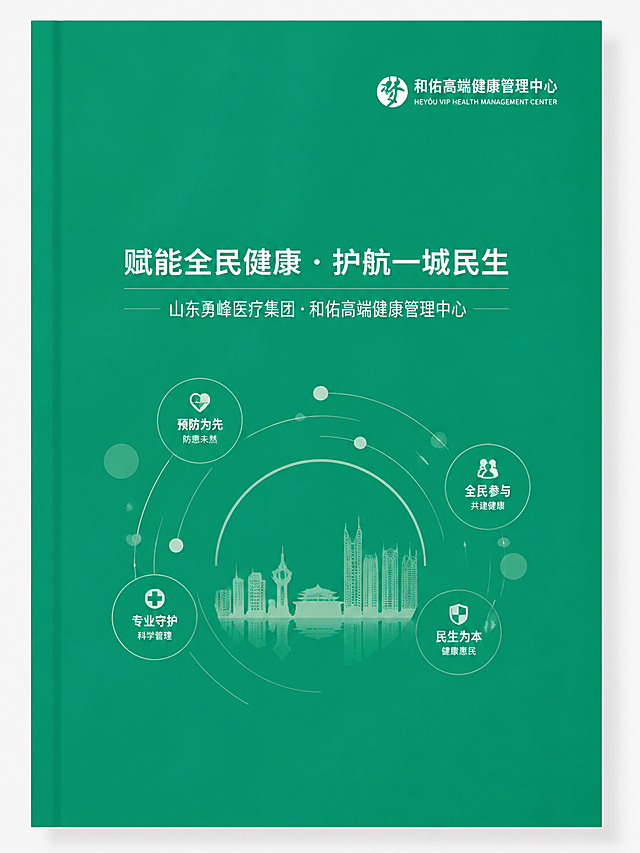 和佑高端健康管理中心画册封面，参考提供图片的简约现代风格，绿色为主色调，主标题是"赋能全民健康 · 护航一城民生"，副标题是"山东勇峰医疗集团 · 和佑高端健康管理中心"，风格正式公立，纯民生叙事，绿色简约设计，和参考示例风格一致