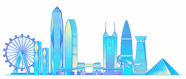 去掉图片右下角的“即梦AI”水印文字，保留原图的蓝渐变城市建筑线稿内容和纯白背景，保持原有画风不变