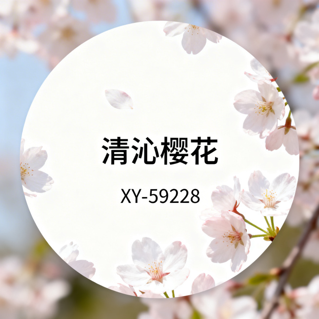 圆形清沁樱花产品标签，干净无复杂背景，整体为正圆形，保留自然真实樱花元素，去掉繁杂背景装饰，清晰标注文字：产品编号"XY-59228"，产品名称"清沁樱花"，简约干净清新，适合产品使用预览效果
