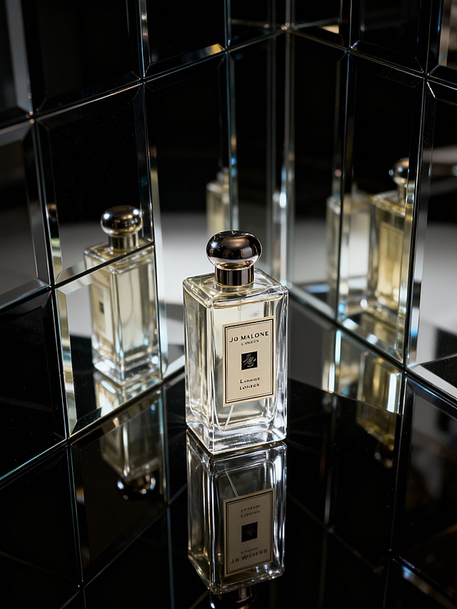 背景采用多个镜面材质的墙面与地面，形成香水瓶的反射影像，营造出空间延伸的通透感，微俯视角，整体微奢华冷黑色调，突出产品本身的色彩与质感。镜面元素强化精致质感