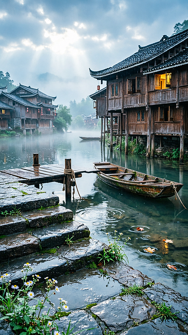 古典油画的质感，静谧梦幻的氛围。极致的细节刻画，生命的律动，质感和肌理，超高清画质，意境，电影级的光影质感，独特的视野角度，不同的诠释，变化多样性，实验性着色，雨后湘西小镇青石板台阶，野花野草，小河，古渡口，吊脚楼