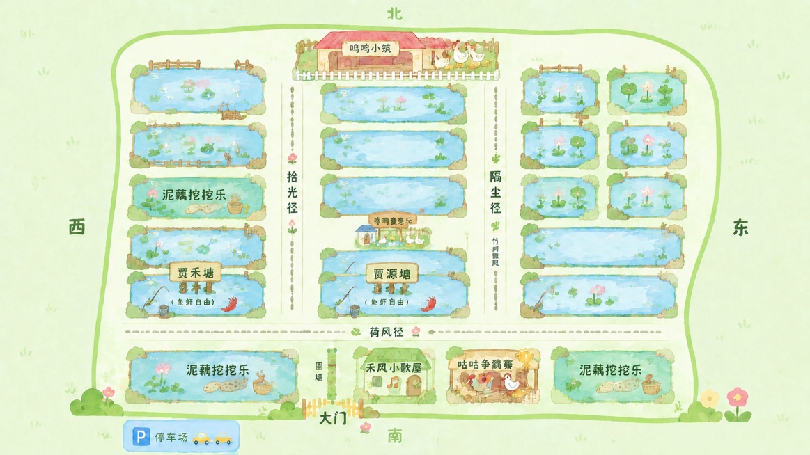 调整布局：贾源塘上方保留4个完整鱼塘，将笨鸭套套乐调整为更小巧扁型，放置在贾源塘和最上方第四个鱼塘之间的小径空隙中，保持原有清新手绘风格，不遮挡其他鱼塘，保留所有文字信息不变预览效果