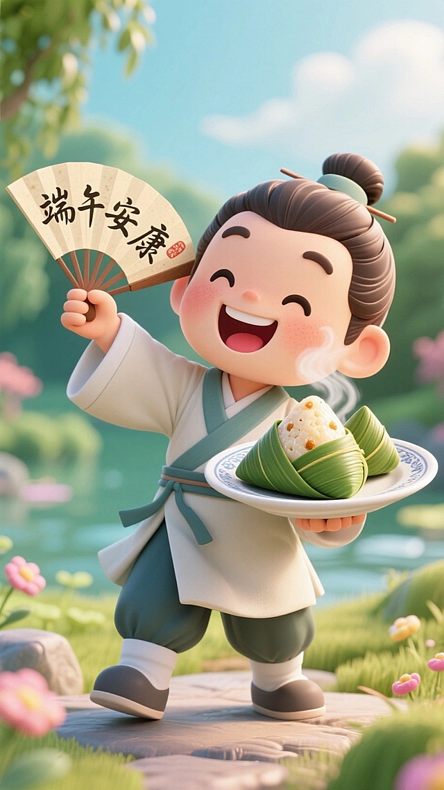 青年许仙，书生装扮，开心大笑，许仙左手拿着一把打开的大纸扇（纸扇上写着“端午安康”），右手手拿着巨大盘子伸向画面前，盘子中装着几个的冒着热气的粽子（一只已经剥开），背景是自然风光