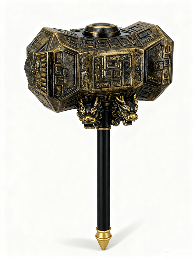 金属风与赛博朋克风融合的3D锤形装置，饰以龙首与古纹，展现未来感与科技感的东方神秘力量。
