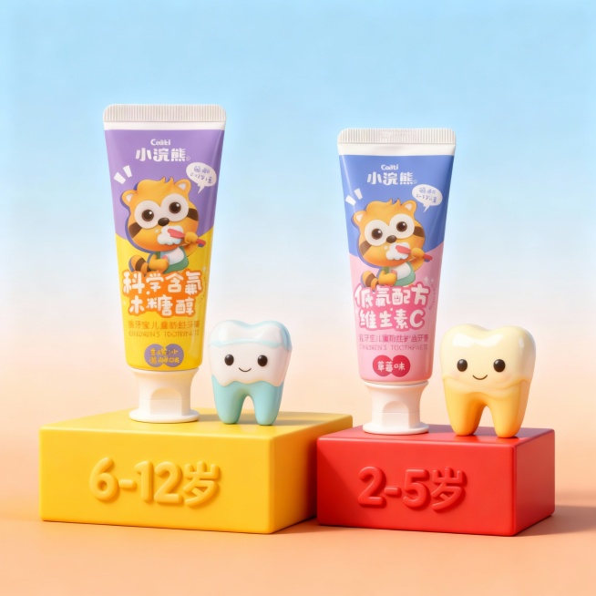 基于上传的润本牙膏产品图，创建专业的儿童牙膏商业广告图。将两支牙膏分别置于哑光质感、边角5°圆角处理的黄色（左，6-12岁）和红色（右，2-5岁）长方体展台上。背景为顶部浅天蓝色→底部淡暖橙色的平滑渐预览效果