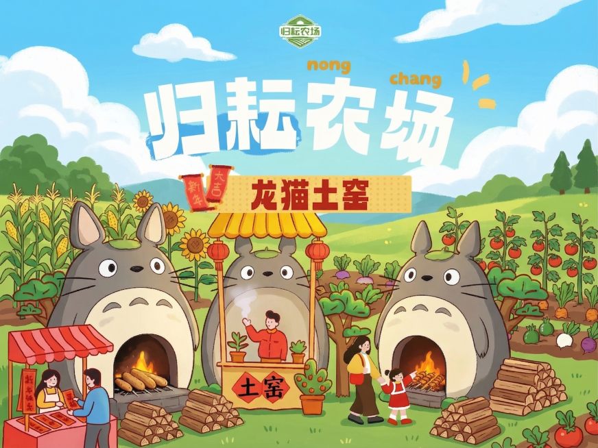 保留原有的龙猫土窑结构和归耘农场品牌，添加农作物和柴火元素，更换为夏日清新农场户外背景，整体明亮清爽，保留文字"归耘农场"和"龙猫土窑"预览效果