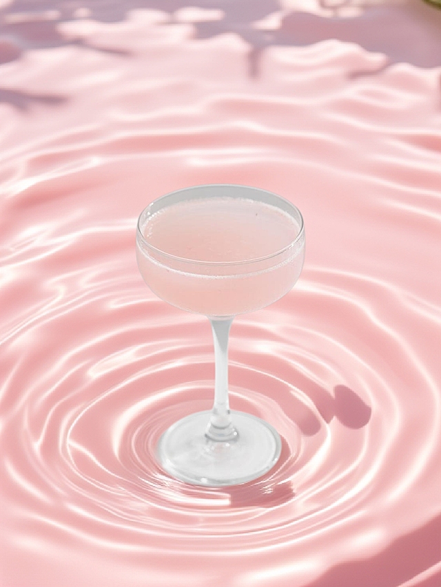 顶视图，产品放在波光粼粼的粉色水面上，整体画面充满清凉水润感，极简夏日美学
