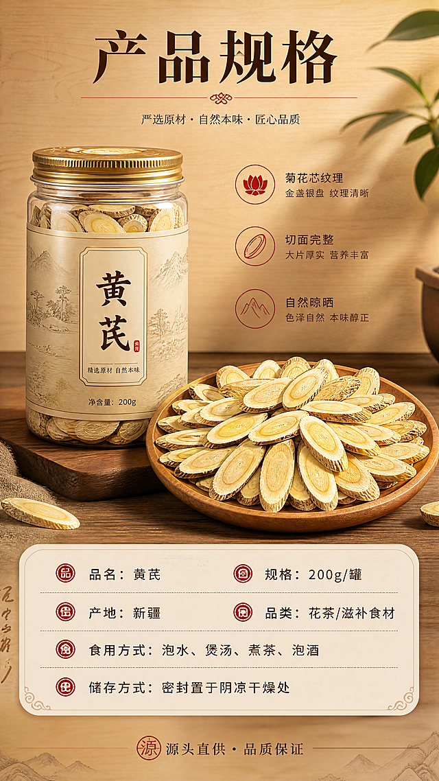 [商品] 使用【图1】【图4】黄芪切片图；保留黄芪片的切面形态、金盏银盘菊花芯纹理、颜色与材质，组合展示产品全貌与罐装示意，增强质感。
[画面] 目标为规格信息页，左上方产品展示区（黄芪罐装/摆盘图，占画面40%），右下方规格参数信息卡（占画面45%）。背景为暖木色渐变+浅纹理，简洁干净。底部放品牌/产地收尾信息。≥3层信息层级（产品图/规格表/底部说明）。
[视觉] 套系策略：风格=中式养生滋补商业摄影风；标题字=宋体粗体（典雅厚重）；正文字=简洁无衬线体；主色=暖木棕+米杏色；背景延展=基于暖木棕与米杏做深浅层级、同色渐变和细腻木纹/宣纸质感；强调色=赭石红，仅用于小面积图标、引线和标签；标题色=深棕褐；正文色=中暖灰；组件=圆角浅底信息卡、细线引线、中式纹样点缀；光影=左前侧暖柔光，产品清晰明亮。
[文字] 顶部主标题「产品规格」，信息卡内横排参数表：「品名：黄芪」「规格：200g/罐」「产地：新疆」「品类：花茶/滋补食材」「食用方式：泡水、煲汤、煮茶、泡酒」「储存方式：密封置于阴凉干燥处」。底部小字：「源头直供 · 品质保证」。文字均横排，字号保证手机端清晰可读。
[规格] 淘宝/天猫详情页，比例9:16竖版，4K，负向提示：避免变形、错字、文字过小、冷蓝/蓝灰背景、参数虚构、绝对化用语、医疗功效承诺。