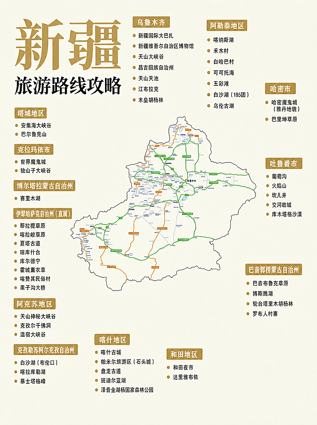 将地图等比例缩小，在图片所有空白区域围绕地图分区域排列文字，文字内容为：乌鲁木齐 新疆国际大巴扎 新疆维吾尔自治区博物馆 天山大峡谷 昌吉回族自治州 天山天池 江布拉克 木垒胡杨林 吐鲁番市 葡萄沟 火焰山 坎儿井 交河故城 库木塔格沙漠 哈密市 哈密魔鬼城（雅丹地貌） 巴里坤草原 阿勒泰地区 喀纳斯湖 禾木村 白哈巴村 可可托海 五彩滩 白沙湖（185团） 乌伦古湖 塔城地区 安集海大峡谷 巴尔鲁克山 克拉玛依市 世界魔鬼城 独山子大峡谷 博尔塔拉蒙古自治州 赛里木湖 伊犁哈萨克自治州（直属） 那拉提草原 喀拉峻草原 夏塔古道 琼库什台 库尔德宁 霍城薰衣草 喀赞其民俗村 果子沟大桥 阿克苏地区 天山神秘大峡谷 克孜尔千佛洞 温宿大峡谷 克孜勒苏柯尔克孜自治州 白沙湖（布伦口） 喀拉库勒湖 慕士塔格峰 喀什地区 喀什古城 帕米尔旅游区（石头城） 盘龙古道 班迪尔蓝湖 泽普金湖杨国家森林公园 和田地区 和田夜市 达里雅布依 巴音郭楞蒙古自治州 巴音布鲁克草原 博斯腾湖 轮台塔里木胡杨林 罗布人村寨，保持原图干净简约风格，文字环绕分布清晰易读。