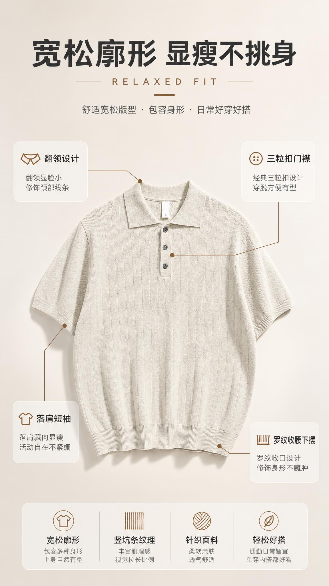 [商品] 使用【图1】燕麦色竖坑条针织短袖Polo衫；商品处理… - 图片创意预览