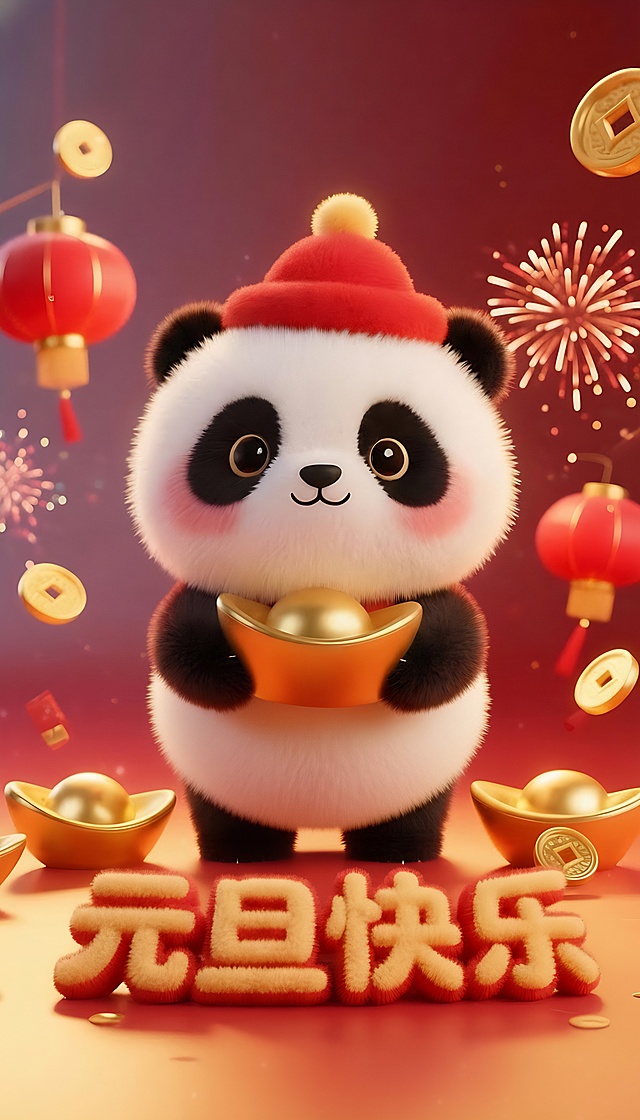 软3D风格萌趣熊猫，毛发生长质感细腻，手持金元宝，红帽喜庆，背景烟花灯笼烘托节日氛围，鎏金元素点缀，传递元旦欢乐与吉祥。