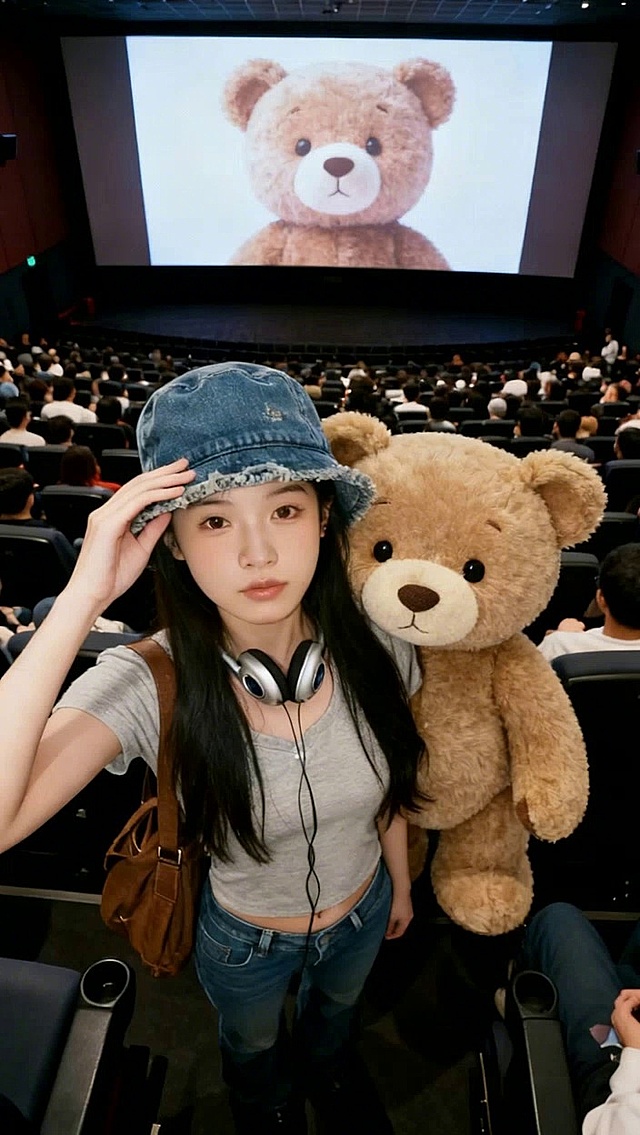 背景为电影院坐满观众，人物面对镜头，银幕显示泰迪熊海报。