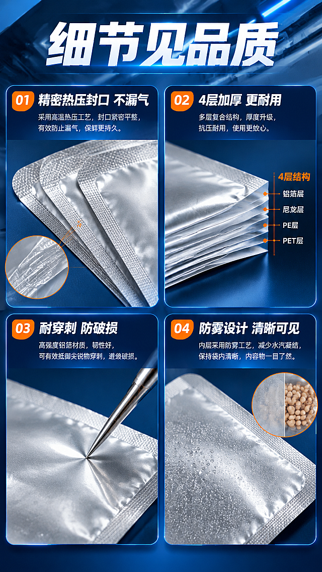 [商品] 使用【图7】银色纯铝箔真空袋叠放产品图；保留铝箔袋银色金属质感、叠放层次、热压封口纹理；增强封口细节纹理和厚度感，保持真实结构。
[画面] 材质细节微距页，目标展示封口工艺、厚度、耐穿刺等细节；四宫格拼图版式，2×2展示4个核心细节：封口工艺特写、厚度对比、耐穿刺演示、防雾效果；每格配短说明；背景为工业深蓝，每格有独立边框。
[视觉] 套系策略：风格=拼多多工业风高性价比商业海报；标题字=粗黑黑体大字；正文字=清晰黑体；主色=工业深蓝；背景延展=基于工业深蓝做渐变层次、金属反光质感和科技光效；强调色=亮橙色，仅用于小面积标签、图标和价格标；标题色=白色；正文色=浅灰白；组件=四宫格边框、编号标签、细节引线；光影=正面柔光+侧方金属轮廓光。
[文字] 顶部大标题"细节见品质"，四宫格分别标注："精密热压封口 不漏气"、"4层加厚 更耐用"、"耐穿刺 防破损"、"防雾设计 清晰可见"；每格底部有短说明文字；所有文字横排。
[规格] 图片比例9:16竖版，4K分辨率，避免变形、错字、文字过小、产品颜色改变、材质失真、极限词。