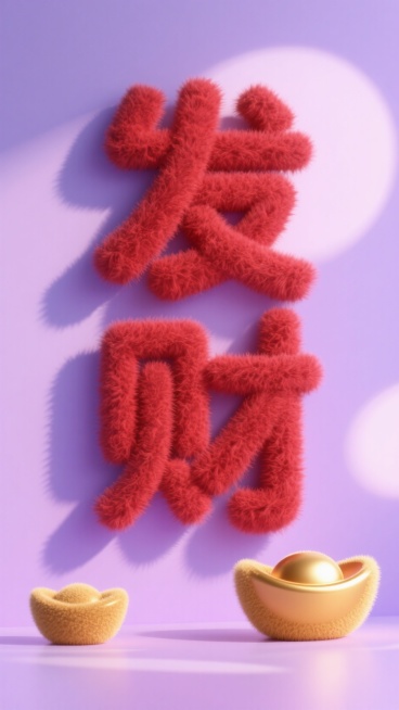 一个极简主义的竖排字发财，由浓郁的深红色毛绒面料制成，超级柔软有触感，优雅简约带有柔和的光晕的设计，戏剧性的柔和光线投下长长的柔和阴影，放置在干净整洁的浅紫色的带有柔和稀薄的圆形光斑的背景上，旁边有两预览效果