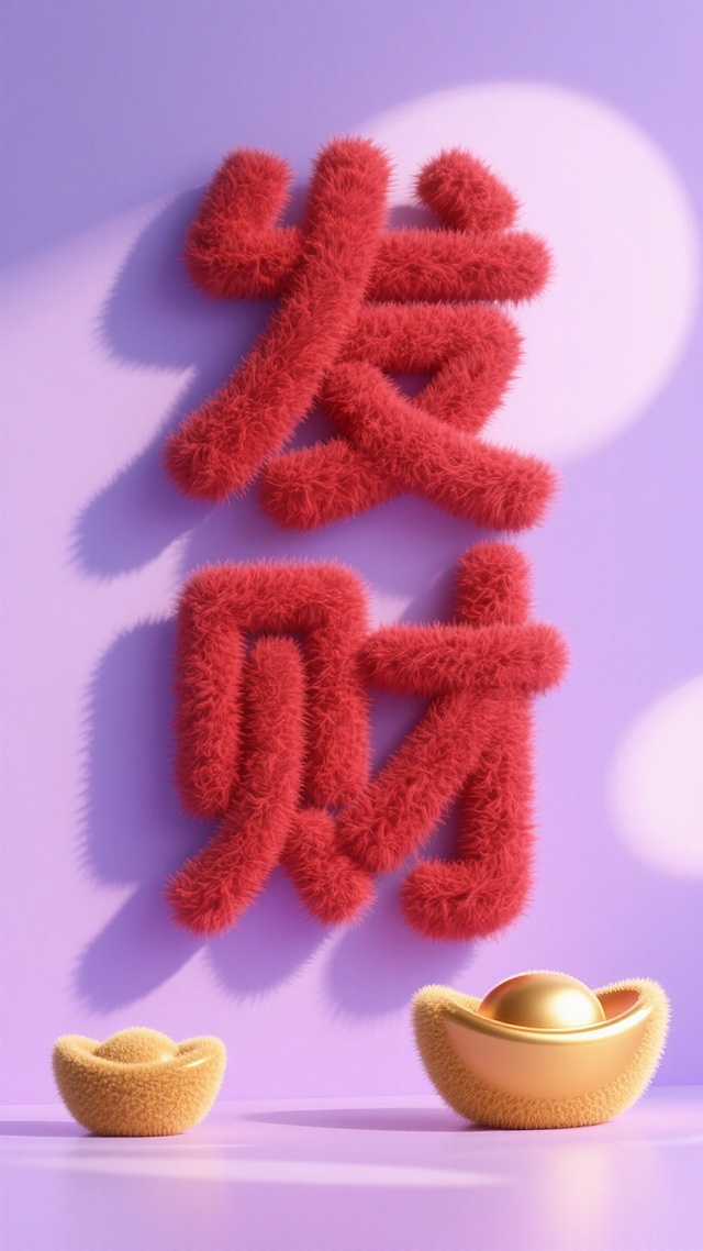 软3D毛发生长风，红色绒毛“发财”字与金元宝呼应，喜庆感十足，春节氛围跃然眼前。