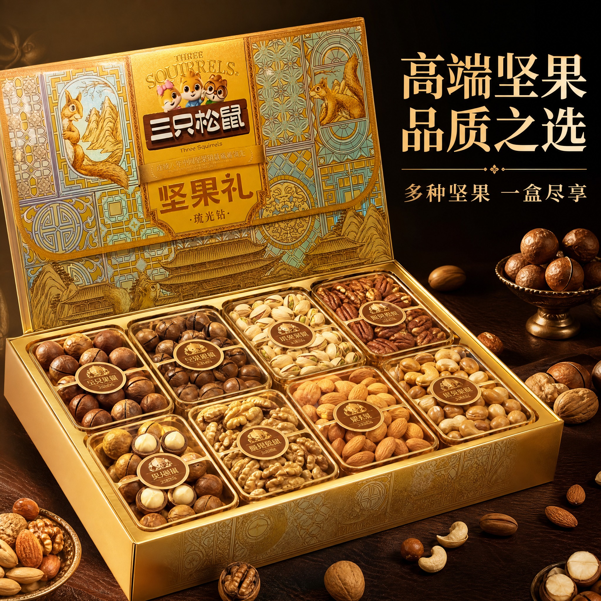 电商主图，三只松鼠坚果礼琉光钻第二张。展示礼盒打开状态，内部多… - 图片创意预览