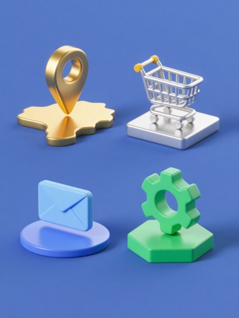 一套四个3D立体图标系列，每个图标均采用高光泽金属质感，具有明显的光影对比和细腻的边缘高光，纯色背景。第一个图标为金色地图标记插在金色地图形状上，第二个为银色购物车图标置于银色方形平台上，第三个为蓝色信封图标放在蓝色圆形底座上，第四个为绿色齿轮图标安装在绿色六边形基座上，四个图标等距规整排列，保持一致的3D渲染风格、立体厚度和光影效果，整体呈现简洁现代的设计感。预览效果