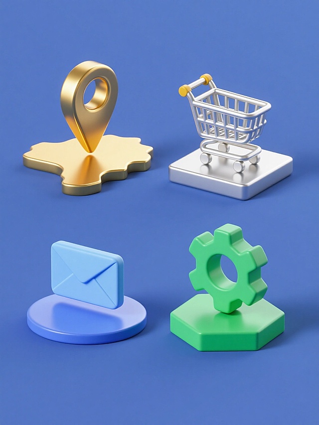 一套四个3D立体图标系列，每个图标均采用高光泽金属质感，具有明显的光影对比和细腻的边缘高光，纯色背景。第一个图标为金色地图标记插在金色地图形状上，第二个为银色购物车图标置于银色方形平台上，第三个为蓝色信封图标放在蓝色圆形底座上，第四个为绿色齿轮图标安装在绿色六边形基座上，四个图标等距规整排列，保持一致的3D渲染风格、立体厚度和光影效果，整体呈现简洁现代的设计感。