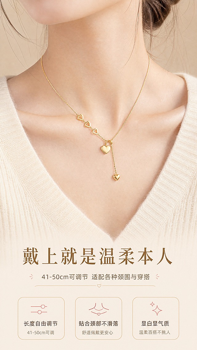 [商品] 使用【图1】清风茗饰镂空爱心项链；佩戴于模特颈部，保留项链金色电镀质感、三颗镂空小爱心+实心主吊坠+抽拉尾链的完整结构、链条比例；项链自然垂落在锁骨位置，抽拉尾链垂于一侧。
[画面] 佩戴效果，模特展示型。亚洲年轻女性颈部与锁骨特写，肤色白皙，穿米白色V领针织衫；项链佩戴在颈部中央，主吊坠刚好落在锁骨上方，抽拉尾链自然垂在右侧，占画面核心视觉；人物胸部以上构图，景别为颈部特写，背景为暖米色纯色虚化；突出项链上身效果与温柔气质。
[视觉] 套系策略：风格=轻奢温柔高级商业摄影；标题字=纤细优雅宋体衬线粗体；正文字=简洁无衬线细体；主色=香槟金+奶油米白；背景延展=基于奶油米白做渐变虚化与暖光；强调色=玫瑰粉金，仅用于小面积图标、引线和标签；标题色=深暖棕金；正文色=中暖灰；组件=圆角浅金信息卡、细金线引线；光影=正面柔光+侧方轮廓光，皮肤质感通透，金属高光自然。
[文字] 画面下方留白处横向排版，主标题"戴上就是温柔本人"，副标题"41-50cm可调节 适配各种颈围与穿搭"，下方3个卖点：长度自由调节 / 贴合颈部不滑落 / 显白显气质；文字横向排版，不遮挡项链与模特颈部。
[规格] 图片比例9:16竖版，4K，避免变形、错字、文字过小、冷蓝背景、项链颜色改变、结构失真、模特面部抢镜。