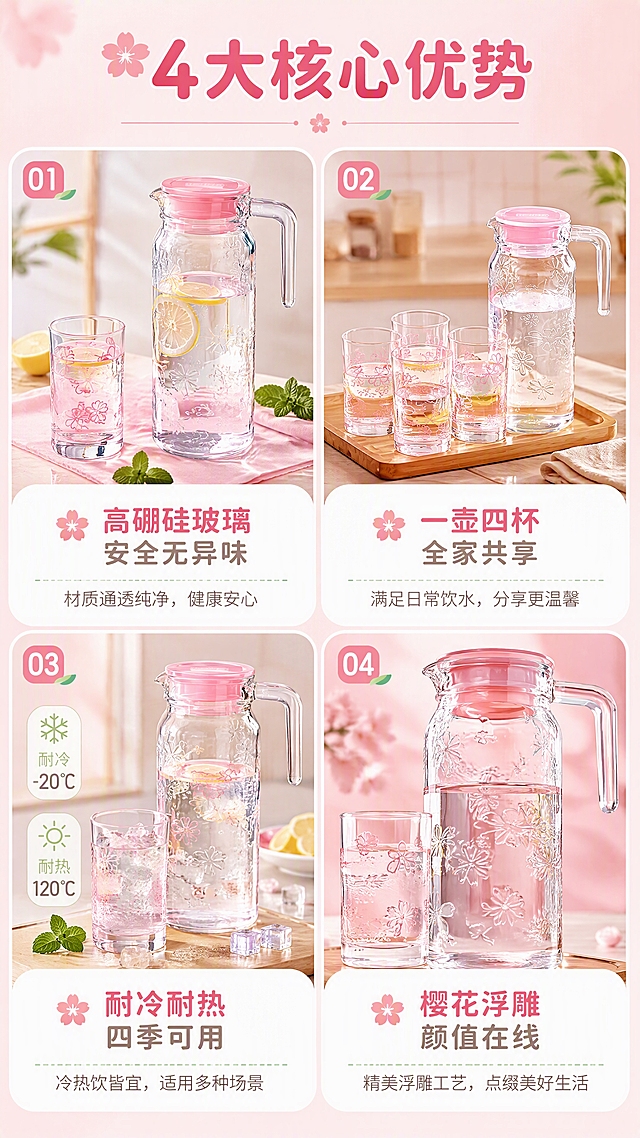 [商品] 使用【图1】樱花玻璃冷水壶套装；保留壶与杯的玻璃材质、粉色樱花花纹、粉色壶盖、把手结构；商品处理：增强玻璃通透感，花纹清晰可见，保持套装完整。
[画面] 目标：卖点优势页，用4宫格展示本套装4大核心优势。构图：2×2四宫格拼图，每格为产品不同角度/使用状态+优势说明。景别：每格中景。阅读动线：从左上到右下逐格阅读。前中后景：每格独立小场景，统一清新粉调。场景：居家厨房与餐桌的清新小场景，每格配不同小道具（柠檬、冰块、薄荷叶、木托盘）。
[视觉] 套系策略：风格=清新治愈马卡龙风商业摄影；标题字=圆润圆角黑体；正文字=简洁无衬线体；主色=樱花粉；背景延展=基于樱花粉做深浅层级、同色渐变和细腻雾面粉质质感，搭配浅木色与奶白色；强调色=薄荷绿，仅用于小面积图标、引线和标签；标题色=深樱粉；正文色=暖灰棕；组件=圆角信息卡、樱花小图标、分割细线；光影=均匀柔暖光。
[文字] 顶部主标题"4大核心优势"。四格内容：左上「高硼硅玻璃 安全无异味」，右上「一壶四杯 全家共享」，左下「耐冷耐热 四季可用」，右下「樱花浮雕 颜值在线」。每格文字简洁，手机端清晰可读。
[规格] 图片比例9:16竖版，4K，避免变形、错字、文字过小、冷蓝灰主色、产品结构错乱。