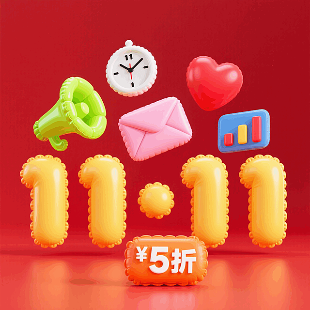 主体为一个促销感的黄色“11·11”造型，结合装饰元素：漂浮着喇叭、时钟、信封、爱心、数据图表、折扣标识等，前景干净，背景为红色