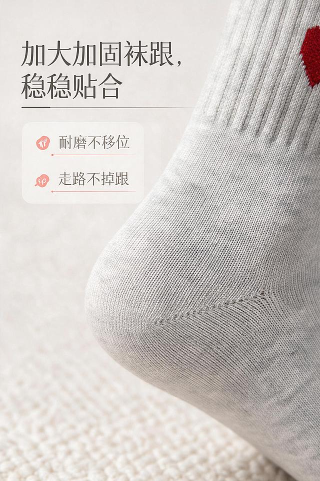 [商品] 使用【图7】女款浅灰白色爱心刺绣中筒袜袜跟特写图；商品处理：100%继承原袜子的针织面料、纱线纹理、织物颗粒、原有红色爱心印花、褶皱、明暗光影，袜子质感完全复刻原图，禁止重新生成袜子材质。仅适配环境光影，袜子本身纹路细节不做美化、不抹平颗粒，不要塑料光滑感。真实实拍，纪实质感，不过度修图。
[画面] 袜跟细节展示页，目标突出加大加固袜跟贴合耐磨的特点。画面右侧为袜跟部位超近景特写，清晰展示袜跟的加固编织纹理和Y型跟结构，左侧留白放文案卖点。背景为浅米色编织地毯质感，柔和侧光突出袜跟的立体轮廓和针织肌理。袜跟特写占画面约55%。
[视觉] 套系策略：风格=时尚高级纪实商业摄影；标题字=现代简约无衬线粗体；正文字=简洁无衬线体；主色=米白浅灰调；背景延展=基于米白浅灰做深浅层级、同色渐变和细腻织物/哑光质感；强调色=温柔珊瑚红，仅用于小面积图标、引线和标题点缀；标题色=深炭灰；正文色=中暖灰；组件=圆角浅底信息卡、细线引线；光影=左前侧明亮柔光，自然真实。
[文字] 左侧上方主标题"加大加固袜跟，稳稳贴合"，下方三个卖点："耐磨不移位""走路不掉跟"，配小图标，文字横向排版，不遮挡袜跟细节主体。
[规格] 图片比例2:3竖版，分辨率2K，负向提示：避免袜子材质改变、针织纹理丢失、塑料光滑感、过度磨皮、文字竖排、错字、极限词、低俗擦边、第三方平台logo。