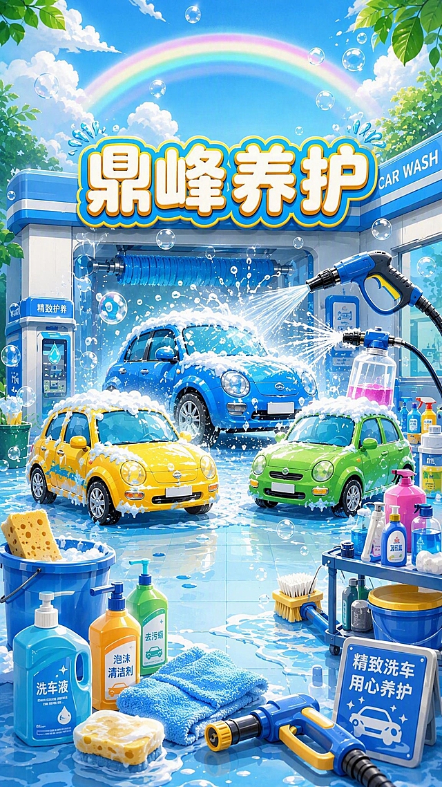 去掉图片顶部的金色“鼎”字，保留“鼎峰养护”文字，增加更多洗车元素，包括高压水枪、泡沫喷壶、洗车海绵、洗车毛巾、更多的泡泡和水花效果，洗车房场景更丰富，增加洗车工具、清洁剂瓶子等，整体保持卡通动漫风格，色彩明亮清新，9:16竖版比例