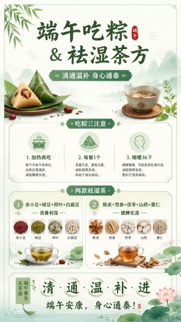 端午养生知识宣传海报，中式国风风格，清新自然配色，主标题: "端午吃粽 & 祛湿茶方"，副标题: "清通温补 身心通泰"，核心内容：吃粽三注意：加热再吃，每餐1个，细嚼36下；两款祛湿茶：1.赤小豆+预览效果
