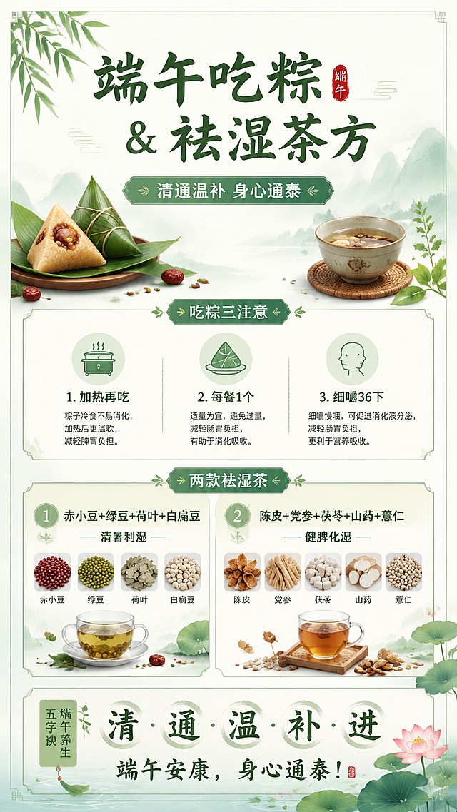 端午养生知识宣传海报，中式国风风格，清新自然配色，主标题: "端午吃粽 & 祛湿茶方"，副标题: "清通温补 身心通泰"，核心内容：吃粽三注意：加热再吃，每餐1个，细嚼36下；两款祛湿茶：1.赤小豆+绿豆+荷叶+白扁豆，清暑利湿；2.陈皮+党参+茯苓+山药+薏仁，健脾化湿；收尾文案：端午养生五字诀：清·通·温·补·进，端午安康，身心通泰！排版精美，9:16竖版，粽子茶叶点缀，专业养生内容分区清晰，所有文字清晰可读，四边留安全边距，留白舒适自然。