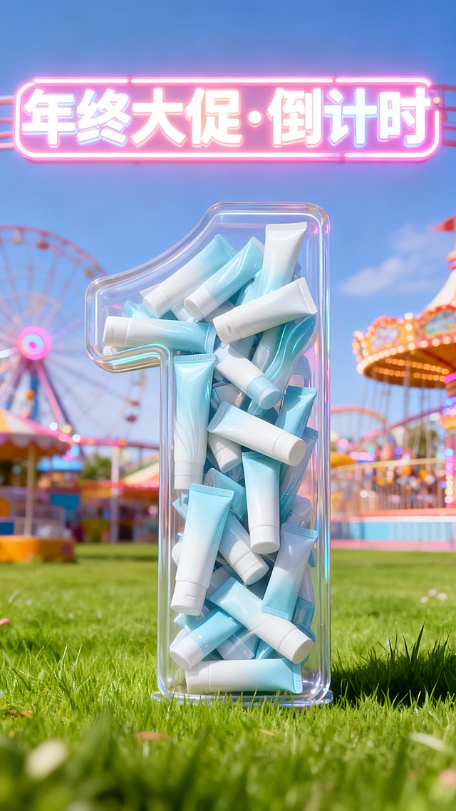 将图中的商品裂变出无数个（商品比例外观一致），通过旋转堆叠的方式填充到“1”数字形状的透明容器中，透明容器被商品填满不留一丝空隙。“1”立在草地上，柔和的光泽纹理，背景是游乐场梦幻氛围。画面顶部为巨大荧光质感文字灯牌“年终大促·倒计时”。