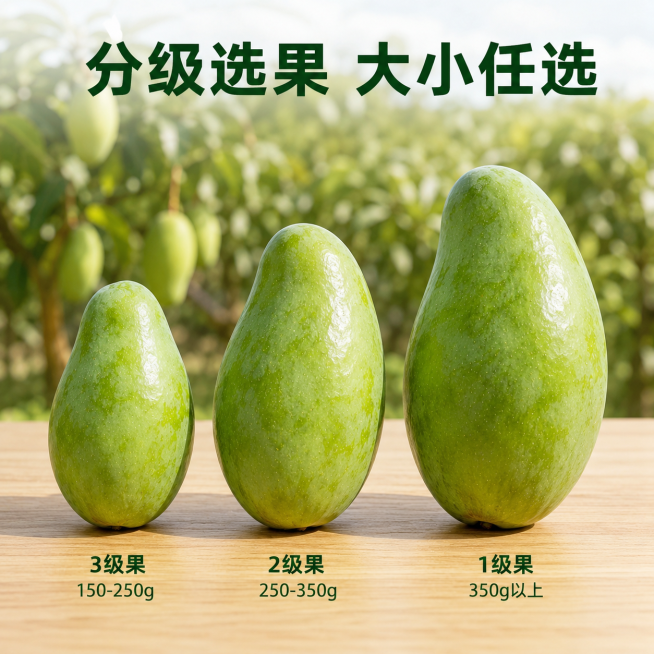 「图片1」「图片1」「图片1」「图片1」「图片1」「图片1」，生成一套产品图，商品名称是越南大青芒；规格：3级果150-250g、2级果250-350g、1级果350g以上；包装类型：1、普通装：水果预览效果