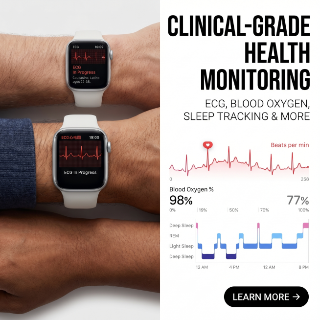 严格还原参考图中的 Apple Watch 产品细节：银铝金属表壳、白色运动表带、表盘设计、数码表冠、侧边按键、表带扣全部保留准确细节，尺寸比例保持1:1。1:1 正方形画布，左半部分放置多元族裔（2预览效果