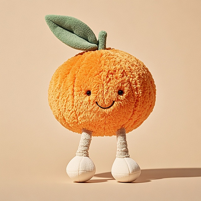 软3D风格的拟人化橙子玩偶，毛绒面料质感，卡通笑脸与萌趣小脚，温暖可爱，节日氛围十足。