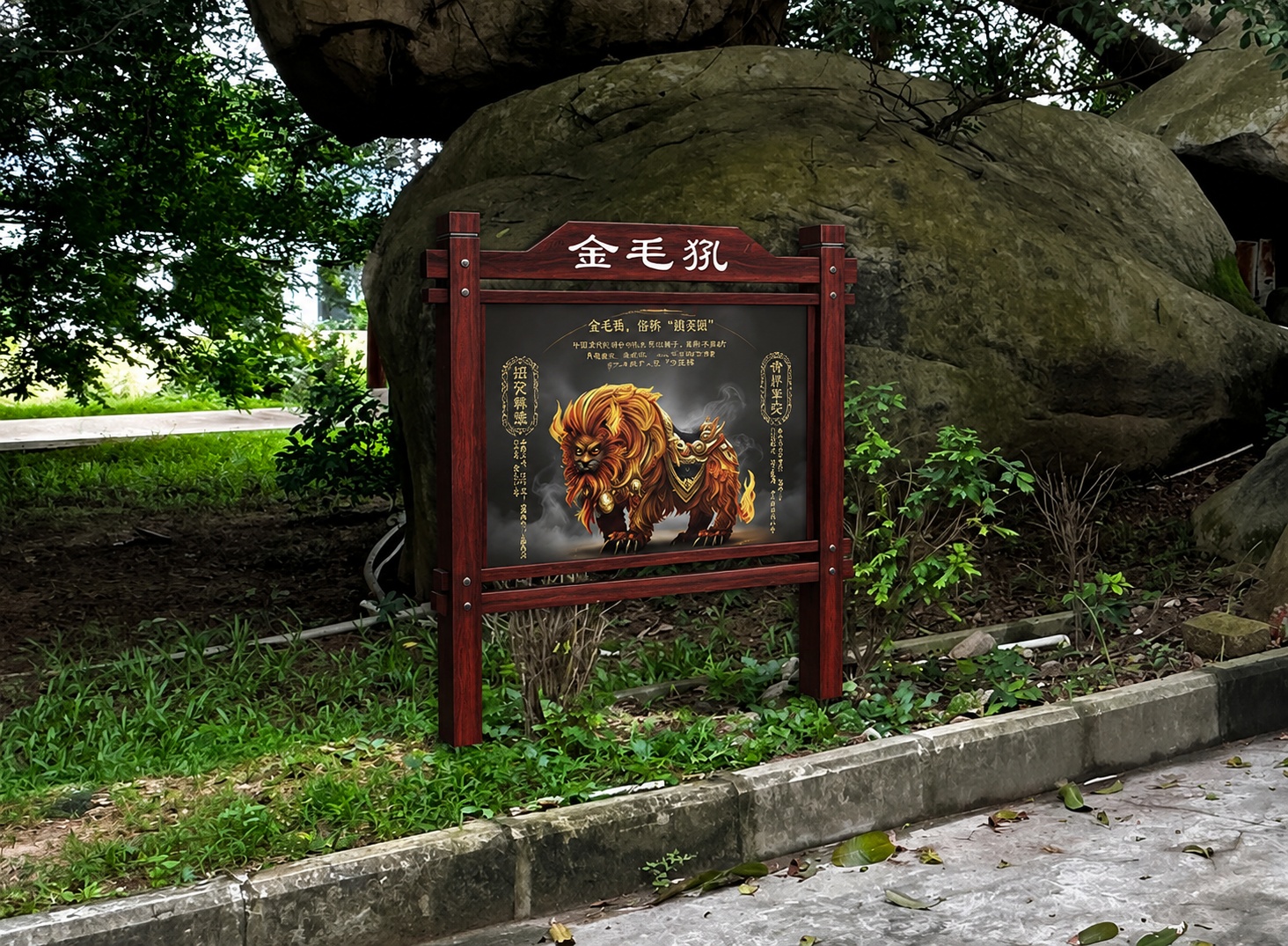 优化图中的景区木质介绍立牌，优化为深红木色，保留真实清晰的木纹… - 图片创意预览