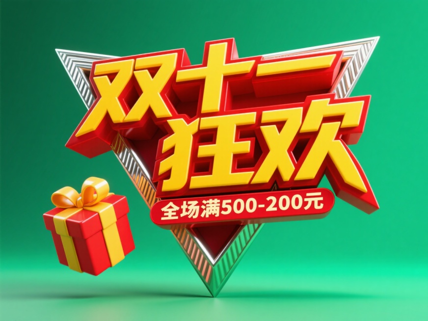 3D尖锐的字体设计，黄色“双十一 狂欢”+红色“全场满500-200元”，红色礼盒装饰文字，双层字效结构。绿色渐变色色背景。预览效果