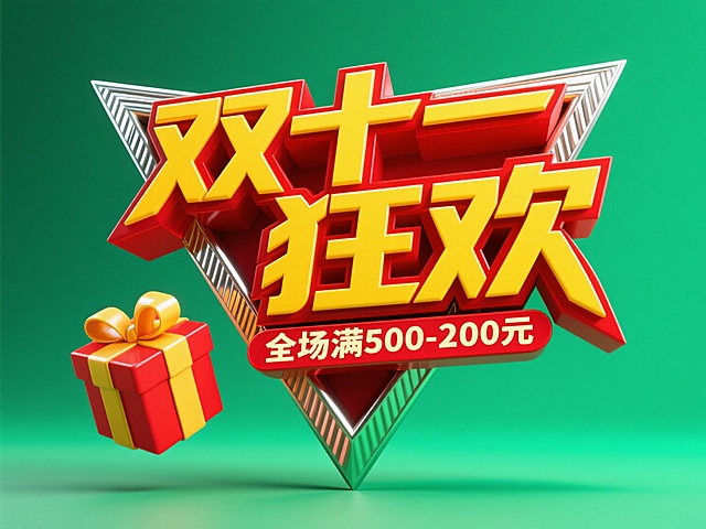 3D金属风大字设计，浮雕质感突出，红黄配色强化喜庆与促销感，搭配立体礼盒，营造节日狂欢氛围。