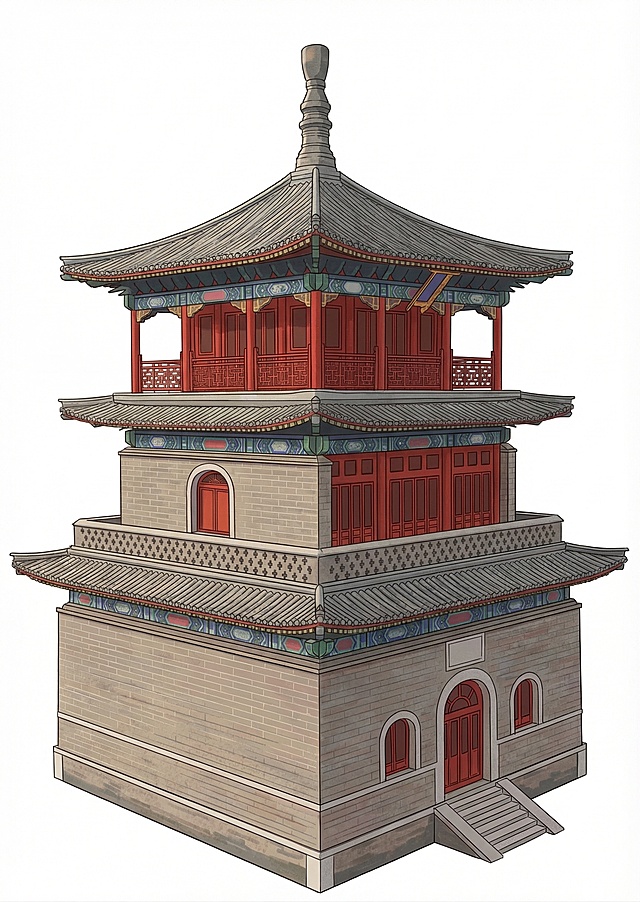将这张图片中的古建筑转换为插画风格，背景改为纯白色，仅保留建筑主体
