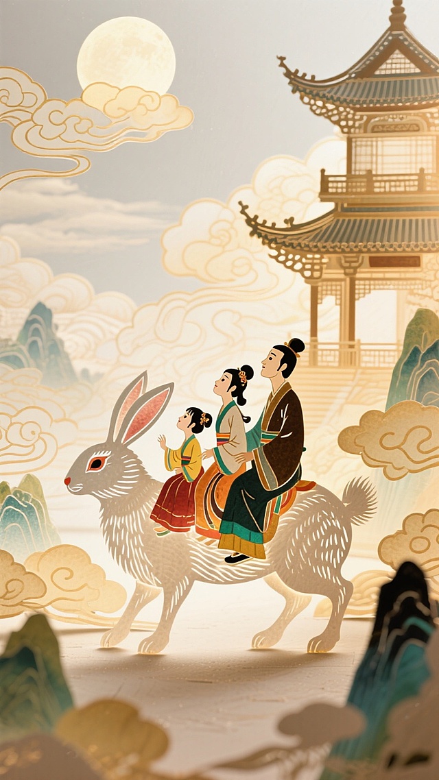 画面中心是古装一家三口（父亲、母亲、女儿）坐在一个巨大的玉兔身上赏月，背景为云海天宫（云海缭绕的天空，矗立着中式古建楼阁，周围有祥云、山水元素），光线柔和