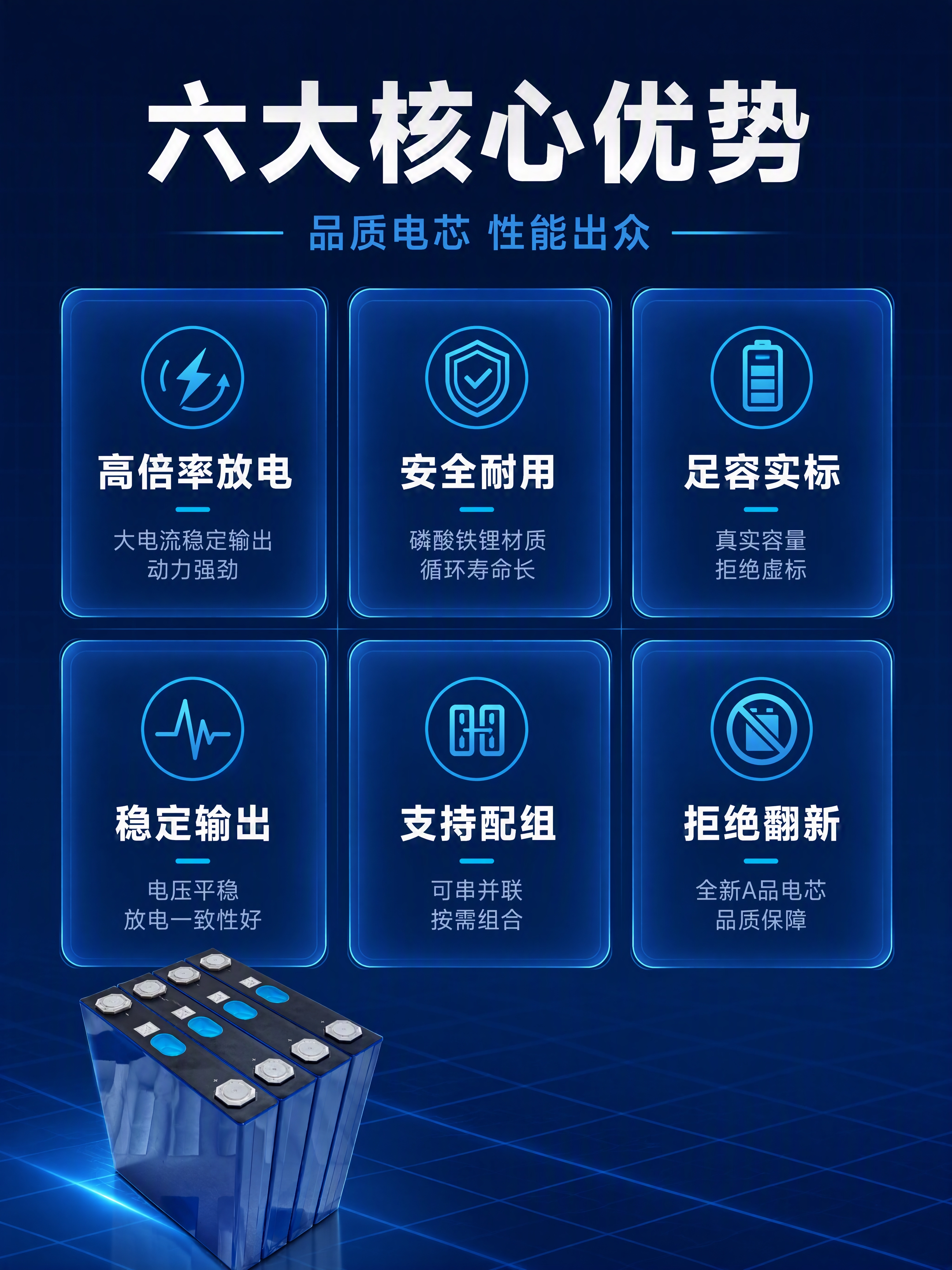 详情页核心卖点总览-磷酸铁锂电芯6大优势。本张使用产品图作为商… - 图片创意预览