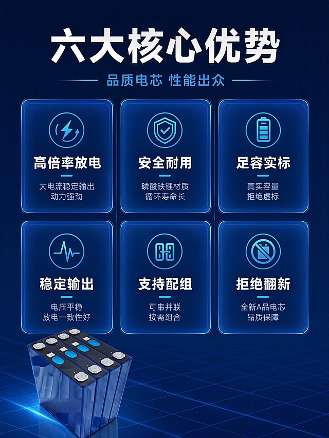 详情页核心卖点总览-磷酸铁锂电芯6大优势。本张使用产品图作为商品主体（小图展示）。
[氛围/风格] 深蓝科技风，专业清晰，信息层次分明。
[元素布局] 深蓝色渐变背景+淡网格纹理；顶部大标题区；中部6个卖点卡片分2行3列排列；卡片之间有细线分隔；左下角放1颗电芯小图作为产品识别，产品外观与输入图一致。
[光影质感] 冷蓝均匀光照，卡片有轻微悬浮感和发光边框，整体通透干净。
[配色色系] 全局底色 #0A1935 深蓝渐变；主色白色标题；辅助色科技蓝卡片、青蓝色图标；点缀色橙色强调数字。
[视角构图] 纵向排版，标题在上，6宫格卖点卡片在中，产品小图在左下。
[文字版式] 顶部主标题「六大核心优势」白色超大粗黑体，副标题「品质电芯 性能出众」浅蓝色小字；6个卖点卡片，每个卡片上方蓝色线稿图标，中间白色粗体标题，下方浅蓝色小字说明：
1.「高倍率放电」大电流稳定输出 动力强劲
2.「安全耐用」磷酸铁锂材质 循环寿命长
3.「足容实标」真实容量 拒绝虚标
4.「稳定输出」电压平稳 放电一致性好
5.「支持配组」可串并联 按需组合
6.「拒绝翻新」全新A品电芯 品质保障
[比例分辨率] 3:4竖版比例，4K分辨率，文字清晰可辨。
[负向提示词] 变形，水印，文字错乱，产品图模糊，结构错误。
