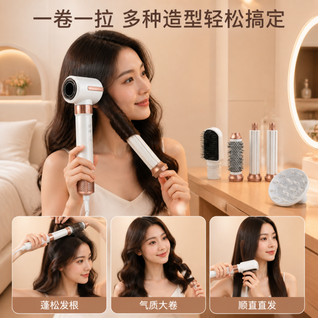 [主图 4] 七合一卷直发棒多造型效果展示
[氛围风格] 温馨舒适科技未来风，真实美发场景
[画质] 商业摄影质感、光线柔和通透、画面清晰自然
[元素] 年轻女性半身侧身，手持七合一卷直发棒正在做造型预览效果
