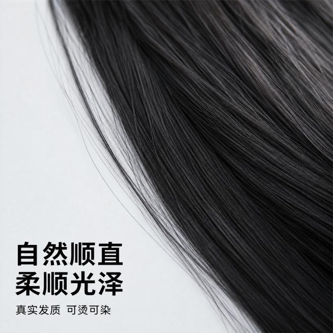 [主图-3] 发丝质感细节展示
[氛围风格] 自然真实，高级质感
[画质] 商业摄影微距特写，发丝根根清晰，画面干净高级
[元素] 极致微距特写第三代羽毛接发的发丝纹理，保持发丝颜色质感与原图一致，黑预览效果