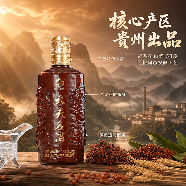 [主图-2] 贵州大关名酒产地溯源与核心亮点图，突出贵州产地与酱香型品质。
[氛围风格] 中式山水意境风，厚重典雅，产地溯源感。
[画质] 超高清商业摄影质感、光线柔和通透、产品清晰真实、画面干净高级。
[元素] 大关名酒白酒瓶居中偏左，瓶身深红色浮雕龙纹立体清晰，金色瓶盖与文字闪耀；背景为贵州山水风光剪影，远处有茅台镇风格的酒厂建筑群轮廓，山间云雾缭绕，近处有高粱与小麦原料摆放在木质台面上，几颗红高粱颗粒饱满。保持产品外观（即物理结构、材质质感、颜色、浮雕龙纹、金色文字）与输入产品图完全一致，杜绝任何变形和色差，精细化处理。商品主体占比约65%。
[光影] 左侧暖金色晨光斜射，穿透薄雾形成丁达尔效应，瓶身受光面有柔和高光，背景山水朦胧有层次，整体氛围温暖有诗意。
[配色] 主色暖橙棕（山水背景）+深酒红（产品）；辅色金色（装饰）；强调色墨绿（原料点缀）。
[视角构图] 平视视角，产品左置，右侧背景延伸出产地山水意境，景深较大，远近层次分明。
[文字版式] 右上负空间右对齐，主标题大字"核心产区 贵州出品"粗体书法风，下方两行辅助文案"酱香型白酒 53度""纯粮固态发酵工艺"。中部偏右用极细引线从瓶身指向三处细节说明："龙纹浮雕瓶身""金色防伪瓶盖""微黄透明酒质"。文字均为米白色，大小层级分明。
[输出要求] 1:1比例，文字清晰锐利，超高清商业摄影质感。
[负向提示词] 变形，文字错乱，产品图模糊，背景杂乱，水印，电商平台Logo，多余的手，畸形手。