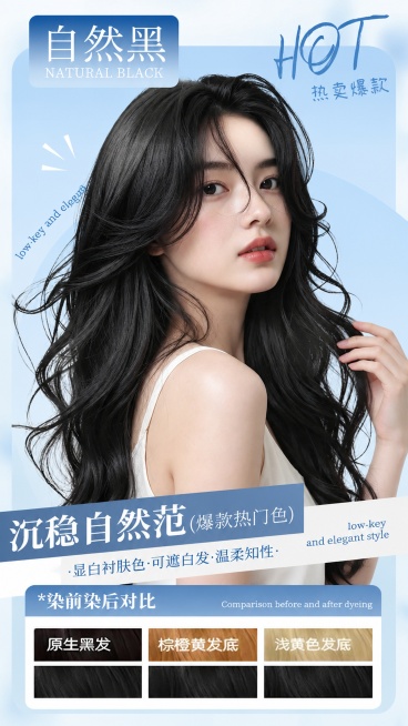 [第7屏] 热门色号展示页，沿用用户提供参考图【图7】的版式结构，整体修改为浅调蓝色风格。本屏仅修改颜色风格，保持原版式和人物展示结构不变，色号改为自然黑。
[氛围/风格] 浅调蓝色时尚美妆风格，商业预览效果