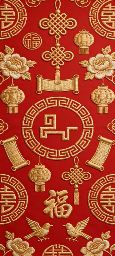 参考图1中的标志，与中国结、卷轴、灯笼、牡丹、喜鹊、福字等传统装饰元素规律性的在红色背景上乱序排列重复排布，各元素采用金色中国传统刺绣风格，正红色背景，对称式构图。丝线光泽细腻，针脚纹理清晰，4K超清预览效果